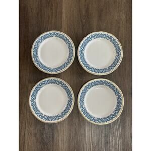 Vtg Shenango China Restaurant Ware 4 Dinner Plates Blue Scroll Gold Trim 9"